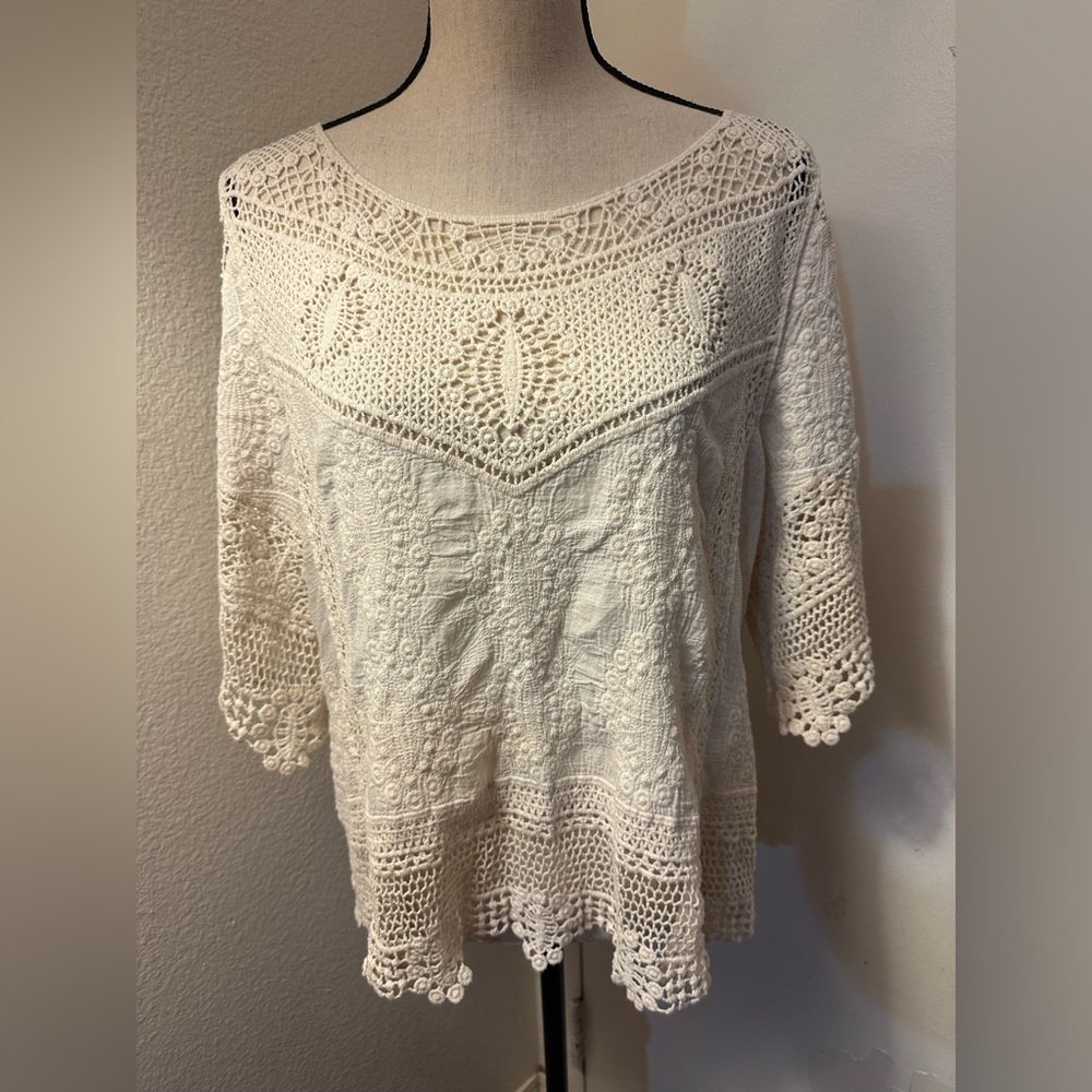 Democracy Cream Crew Neck Sweater with Intricate Lace